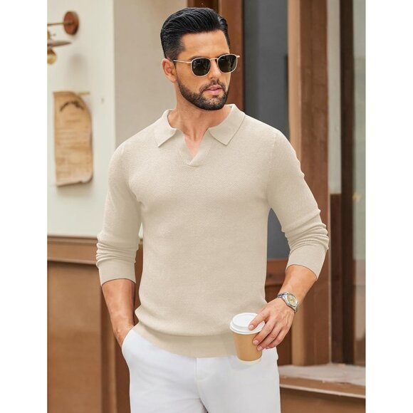 Men's Knit Polo Long Sleeve V-Neck Pullover Sweaters Collared Knitted Beige - Picture 2 of 6